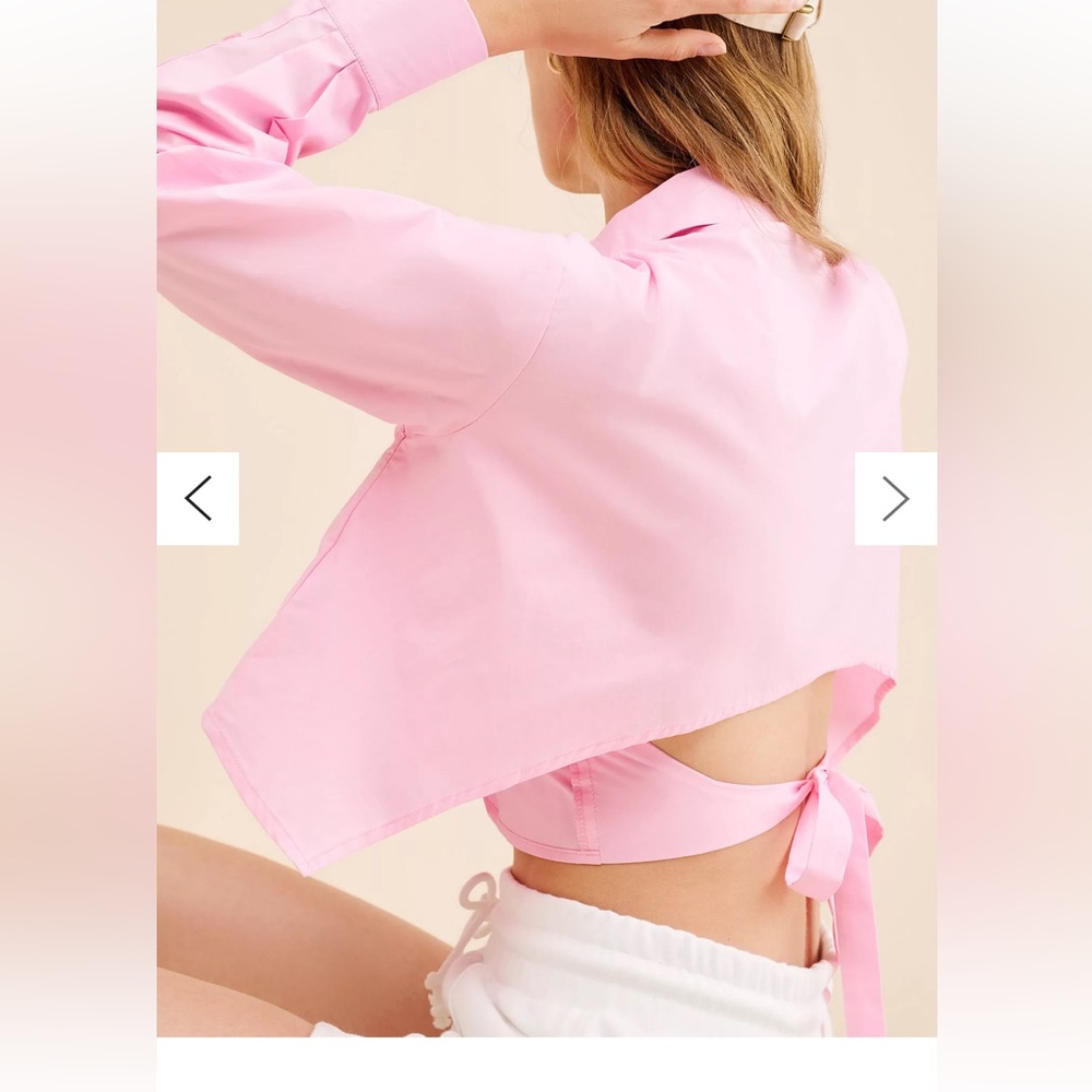 B002. Cropped Tie-Back Button-Up Top in Light Pink cotton